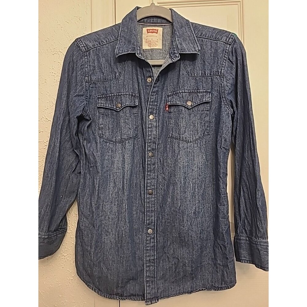 Levi's Girls LARGE Denim Jean Shirt Dark Blue Snap Buttons Top (10-12)